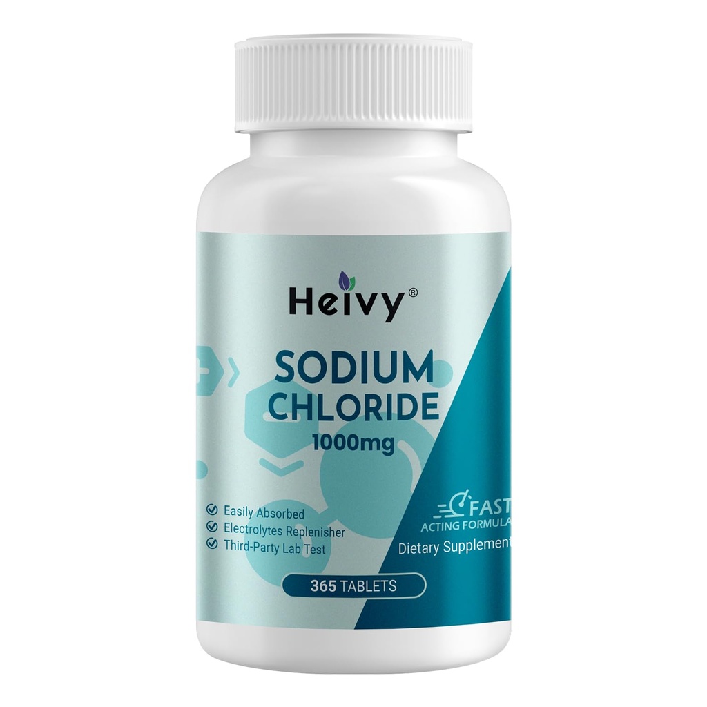 Heivy sodyum Chloride Tabletleri 1000 mg - Pure Salt Tabletler, 365 Tabletler, sodyum Chloride, Non-GMO - Elektrolyte Balance and Hydration Support, Electrolytes Replenisher Hydration Drink