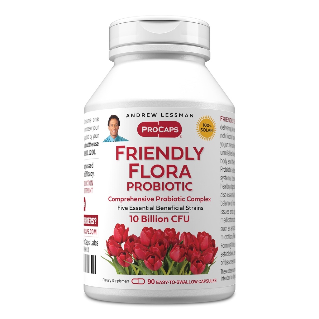 ANDREW LESSMAN Friendly Flora Probiyotik 90 Capsules - 10 Milyar CFU, Beş Probiyotik Strains, Güçlü Immune ve Digestive Support. Kadınlar veya Erkekler için Probiyotikler