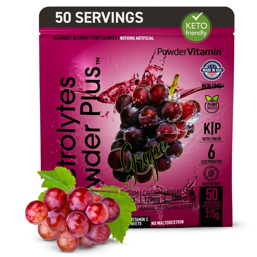 TozVitamin Electrolytes Toz Plus (50 Hizmet) Grape Electrolyte Toz Zero Calorie Keto, 0 Sugar, No Maltodextrin,1000 mg Pyum,120 mguba,120 mg Magnezyum, Hydration Toz,120 mg Magnezyum, Hydration Toz