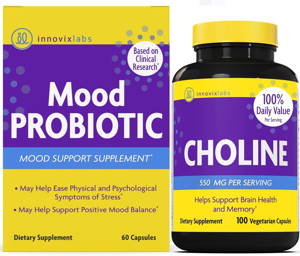 InnovixLabs Choline & Mood Probiyotik Sche Choline Bitartrate 550 mg (100 Capsules) Mood Probiyotik (60 Capsules). Helps Memory, Mood, Brain Health & Boost Cognitive.*