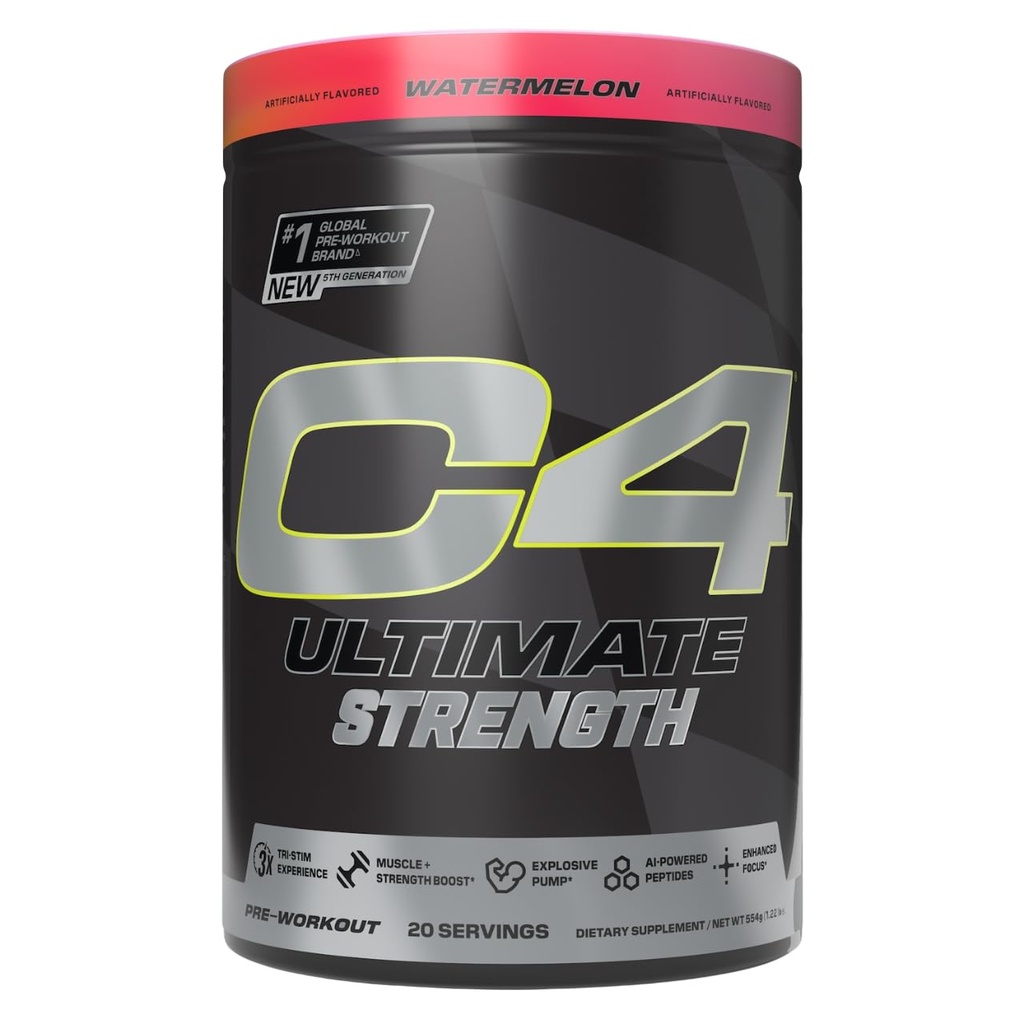 Cellucor C4 Ultimate Strength Pre Workout Powder - Tri-Stim Experience 300mg Caffeine+TeaCrine+Dynamine - Creatine & Beta-Alanine - Energy Supplement for Men & Women - Watermelon, 20 Servings