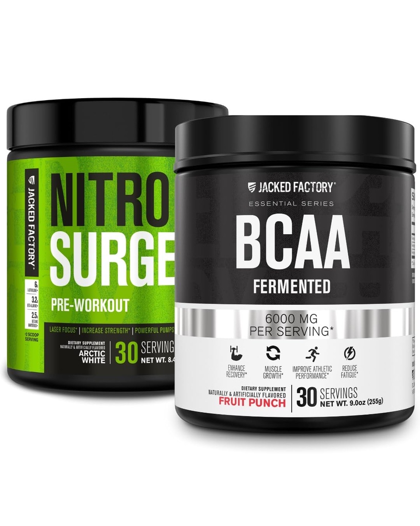 Jacked Factory Nitrosurge Pre-Workout in Arctic White & BCAA in Fruit Punch for Muscle Building and Recovery
