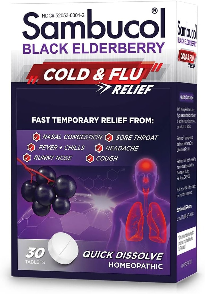 Sambucol Cold ve Flu Relief Tabletleri - Homeopathic Cold Medicine, Cold Remedy for Yetişkinler, Black Elderberry for Colds, çinko Cold Remedy - Kont 30