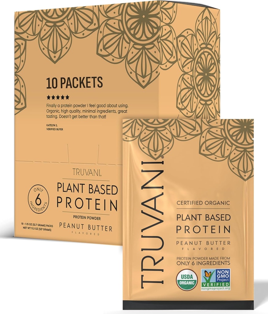 Truvani Vegan Pea Protein Powder | Peanut Butter | 20g Organic Plant Based Protein | Single Serving Travel Packets | 10 Servings | Keto | Gluten & Dairy Free | Low Carb | No Added Sugar