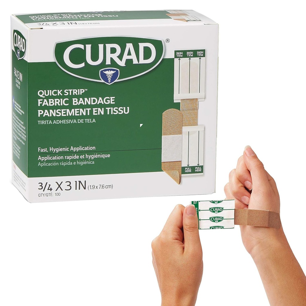 CURAD Quick Strip Fabric Prestige Sterile Bandages with Fast Application, 3" x 3", 100 Kutu