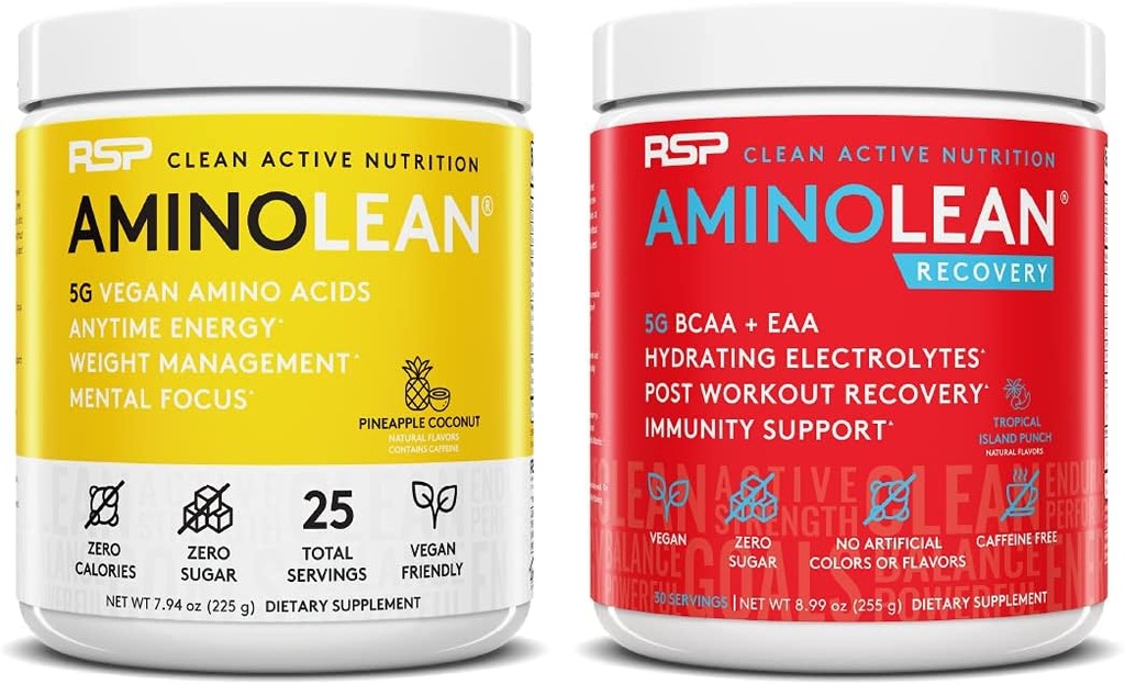 RSP NUTRITION Vegan RutherfordLean Pre Workout Energy (Pineapple Coconut 25 Hizmet) ile AminoLean Recovery Post Workout Boost (Tropical Island Punch 30 Hizmet)