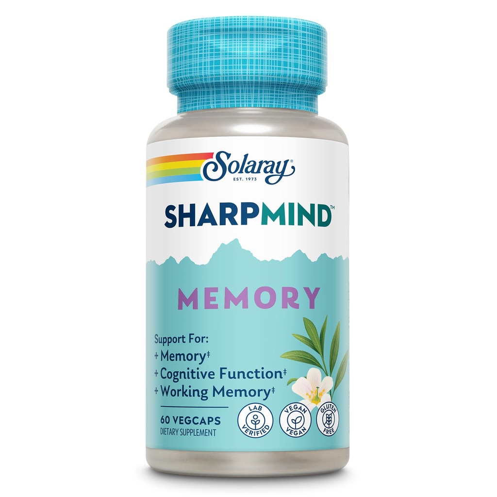 SOLARAY SharpMind Memory Formula - Brain Supplements for Memory and Focus - Cognivia, Gotu Kola & Chaga Mushroom Supplement - Ginkgo Biloba Alternatif - 60 Günlük Garanti - 30 Hizmet, 60 VegCaps