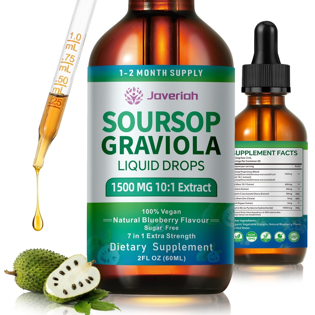 Soursop Graviola Liquid Drops Supplement with Sea Moss Extract, Soursop Bitters Liquid for Cell Support & Rejenerasyon, Immunity, Liver, Antioksi, Graviola Leaves Extract 2 Moon Supply 60ML