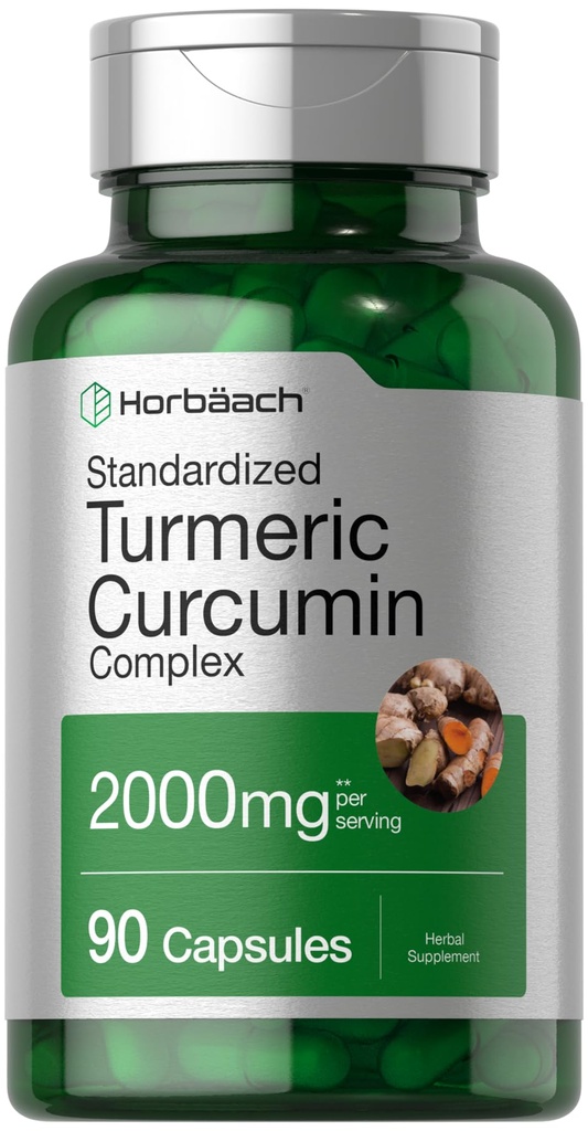 Horbäach Turmeric Curcumin Supplement 2000 mg | 90 Capsules | Kompleksi Black Pepper | Non-GMO, Gluten Free