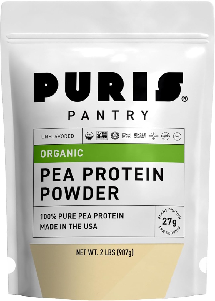PURIS Organic Pea Protein Toz – USDA Organik Vegan Protein | 27g Plant Protein Oda başına | Non-GMO Gluten-Free Soy-Free | Clean Label | Smooth Taste | Ideal for Shakes, Smoothies, Baking | 2 lb