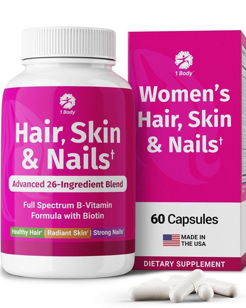 1 Body Hair Skin ve Nails Biotin ile Vitaminler - 26 Vitaminli Kadınlar ve Erkekler için Saç Büyüme Tamamı, Mineraller ve Herbal Türleri - Güçlü Saçlar, Sağlıklı Cilt & Çiçekler - 60 Vegan Capsules