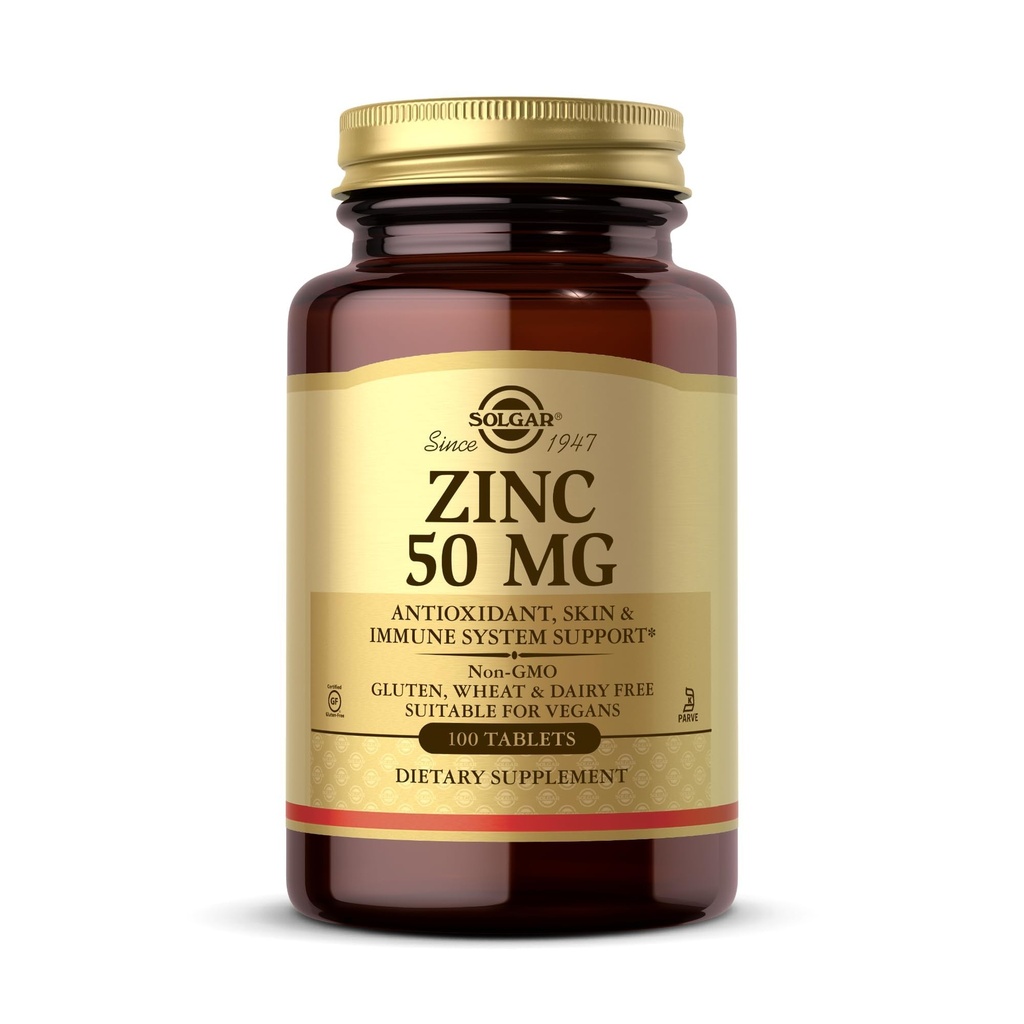 Solgar Zinc 50 mg, 100 Tablets - Zinc for Healthy Skin, Taste & Vision - Immune System & Antioxidant Support - Supports Cell Growth & DNA Formation - Non GMO, Vegan, Gluten Free - 100 Servings