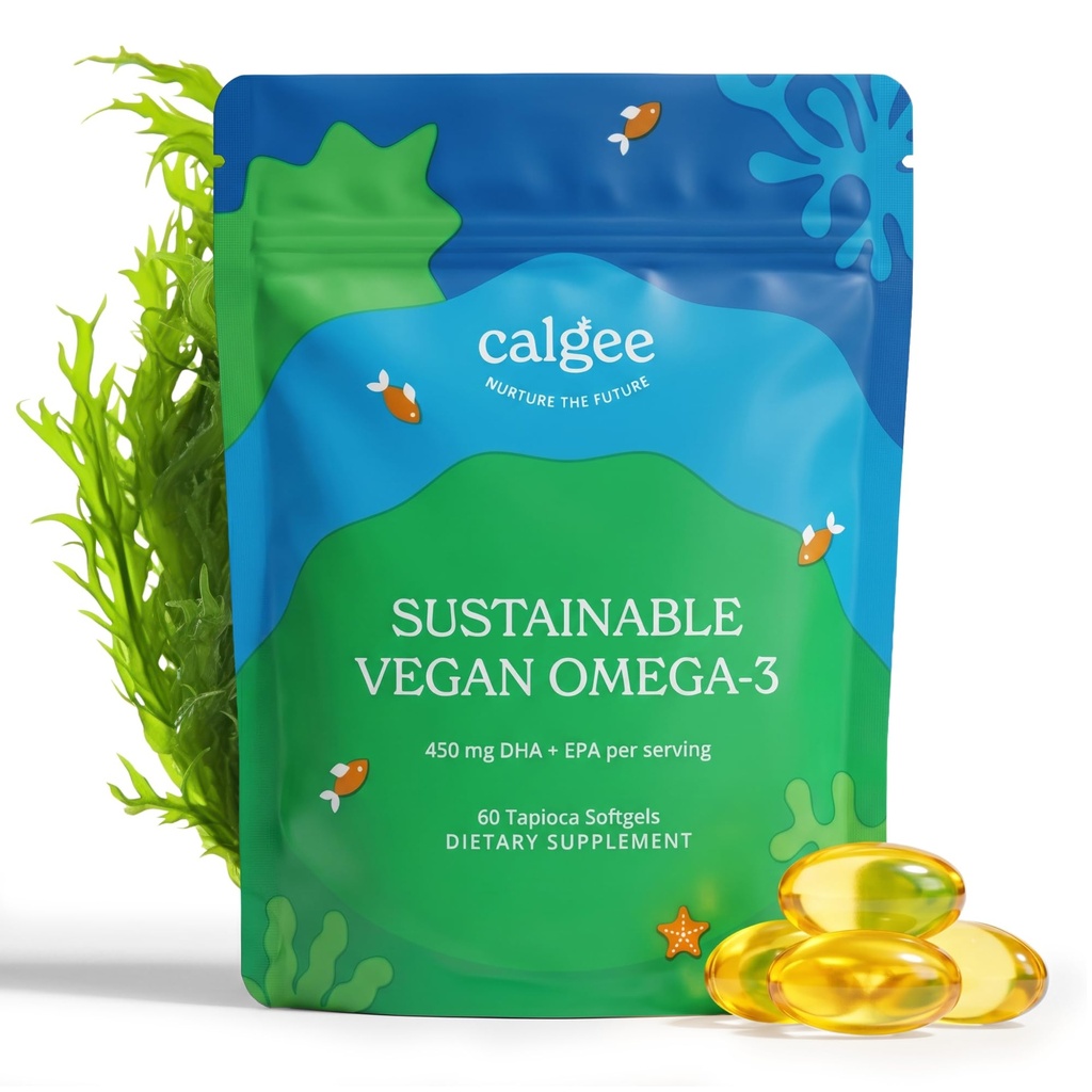 Calgee Vegan Omega 3-450 mg DHA & EPA Fatty Asits - Sürdürülebilir Algae Petrol - Bitki bazlı Fish Oil Alternative - Carrageenan-Free Softgels (60 Ct)