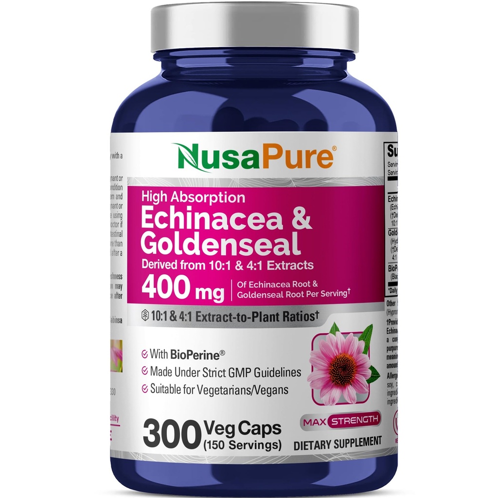 NusaPure Echinacea Goldenseal 200 mg, (Extract 10:1, Equivalent to 2,000 mg), 200 mg, (Extract 4:1, Equivalent to 800 mg) - 2800 mg 300 Veggie Caps (Vegetarian, Non-GMO, Vegan)