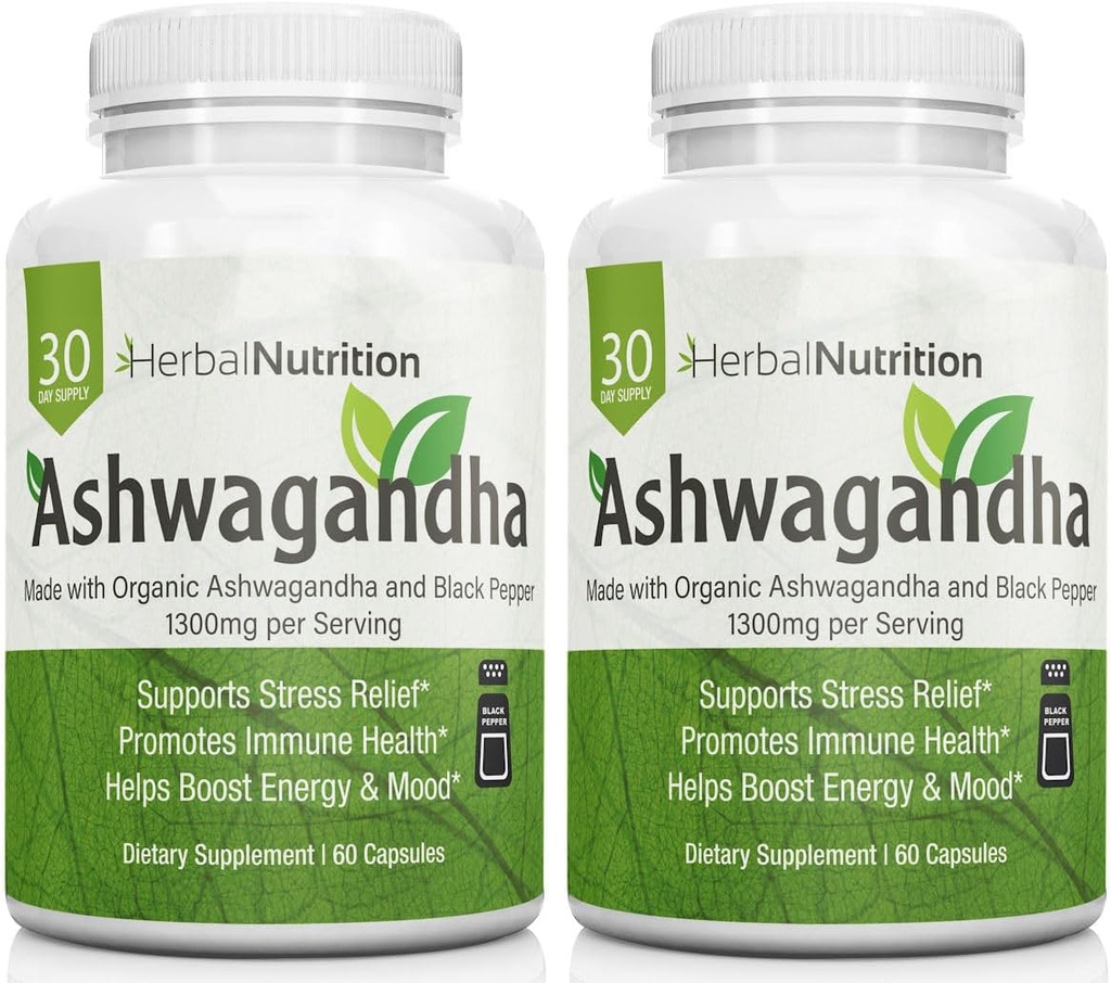 Herbal Beslenme Organik Ashwagandha 1300 mg Max Strength, Two Şişe Paketi, 120 Capsules Plus Black Pepper for Bioavailability
