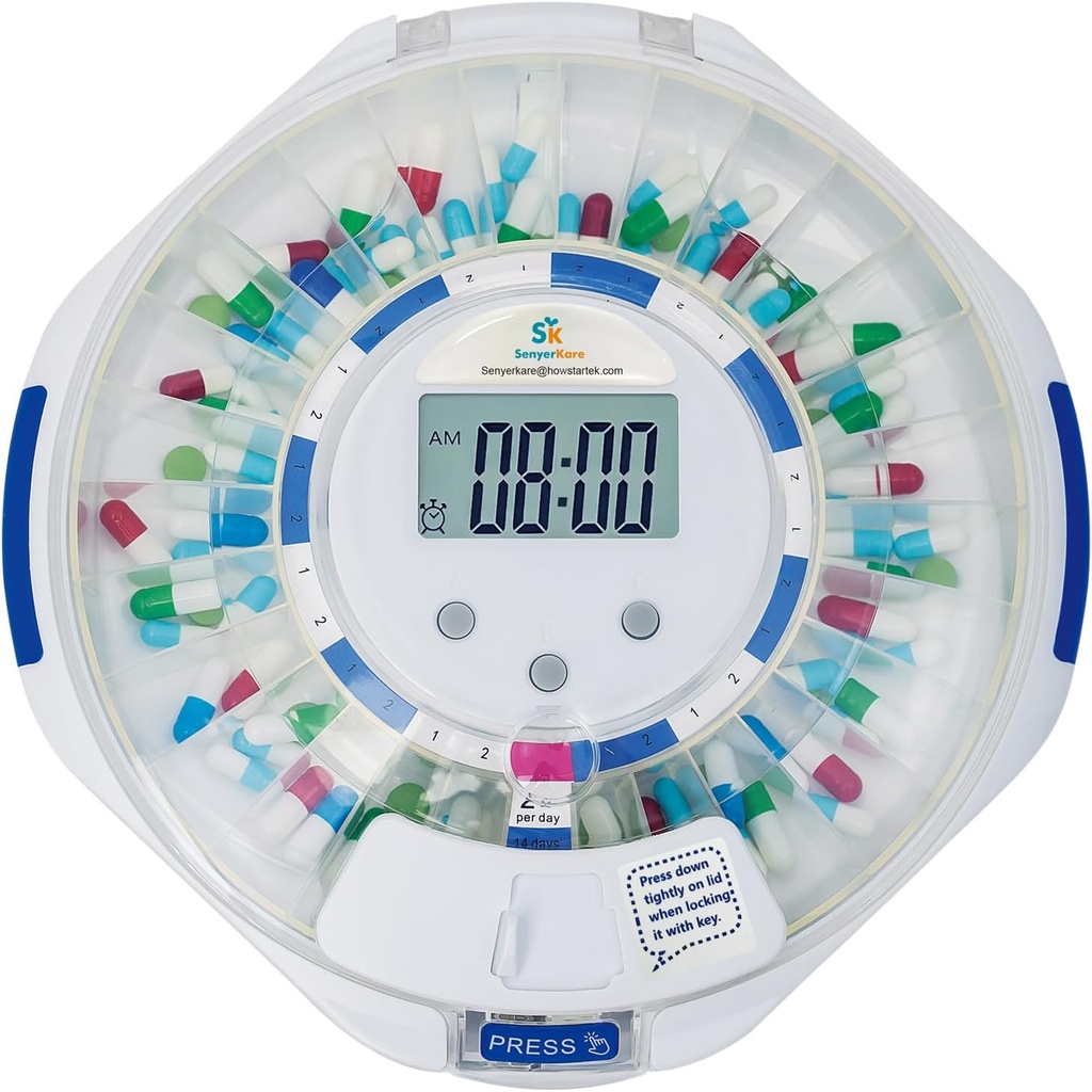 SenyerKare 28-Day Otomatik Pill Akrilik with Alarm & Alzheimer's Care, Drug Organizer w/Easy-Read LCD Ekran, Sound & Light & Key Alerts for Drug, Vitamins, Supplements, Clear Lid