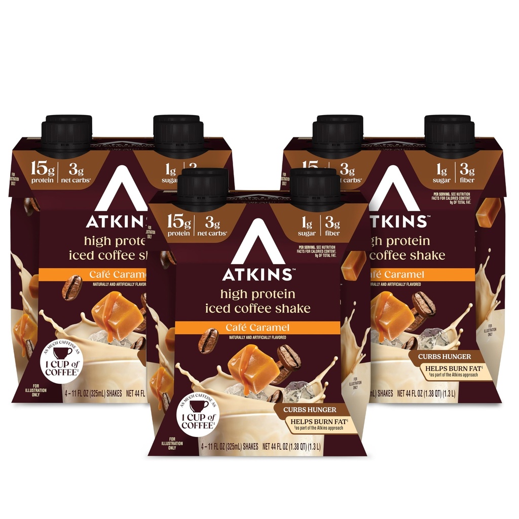 Atkins Cafe Caramel Buzlu Kahve Lezzetli Protein Shake, Yüksek Protein Shake, Low Glycemic, Low Carb ve Low Sugar, Keto Friendly, Gluten Free, 12 Kont