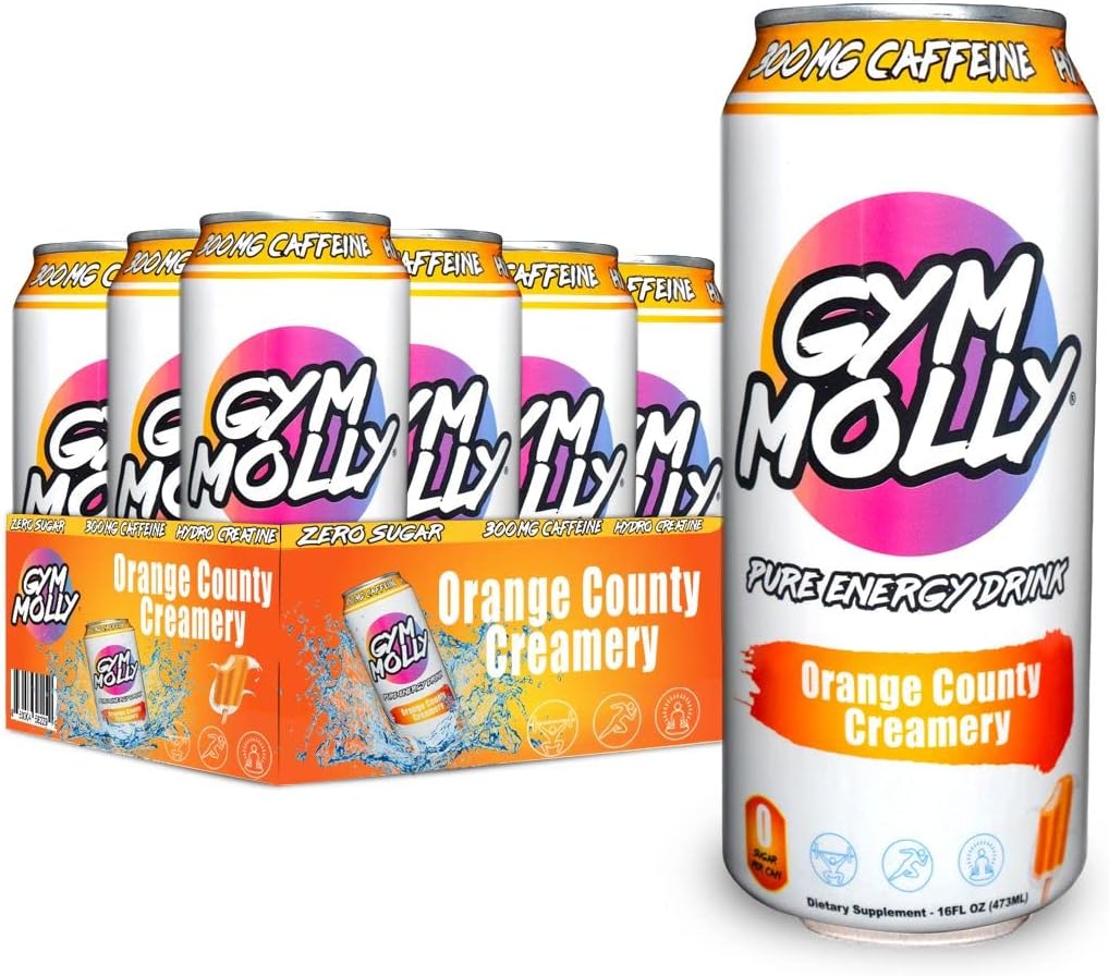 Gym Molly Orange County Creamery Energy Drink Cans | Zero Sugar | Hydro Tinatine | Vegan BCAAs | B Vitamins | 16 fl oz (Brook of 12)