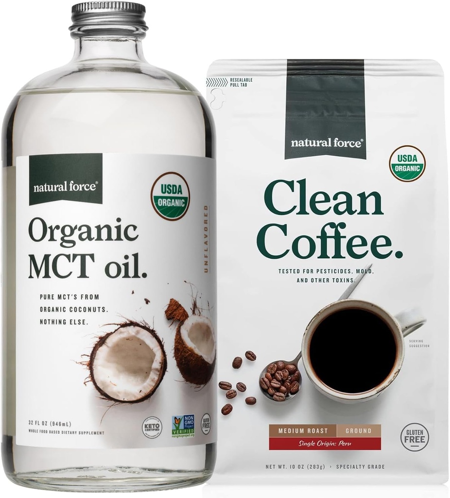 Doğal Kuvvet Organik Zemin Temiz Kahve + Organik MCT Petrol Paketi – 100% Saf Piramit MCTs & Moldova Ücretsiz Kahve – Non-GMO, Keto, Paleo ve Vegan - 10 Oz Bag ve 32 Oz Glass Şişe Şişe Şişe Şişe Şişe