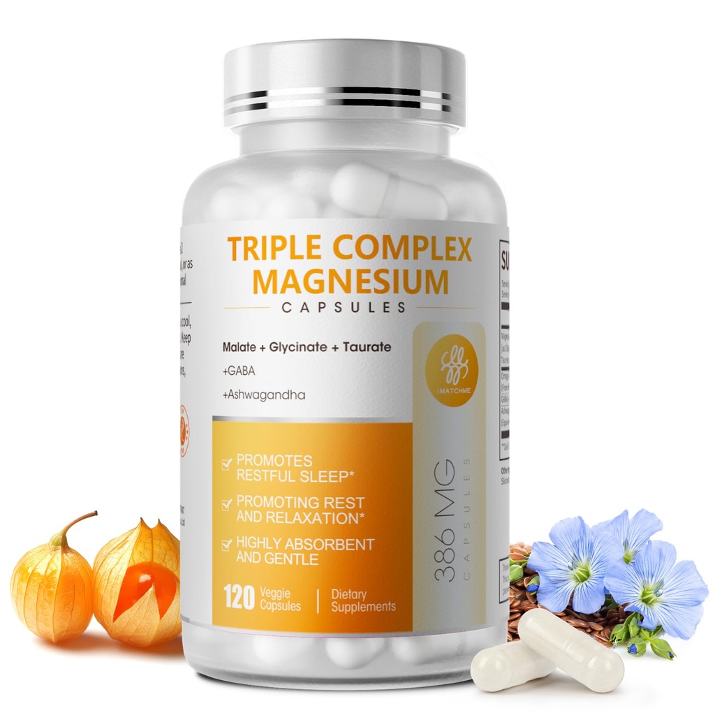 Triple Kompleksi - Magnezyum Glycinate, Taurate & Malate Supplement with Omega3, Ashwagandha, GABA for Sleep, Brain Heart & Muscle Support - High Abxia and Gentle, Vegan, 120 Capsules