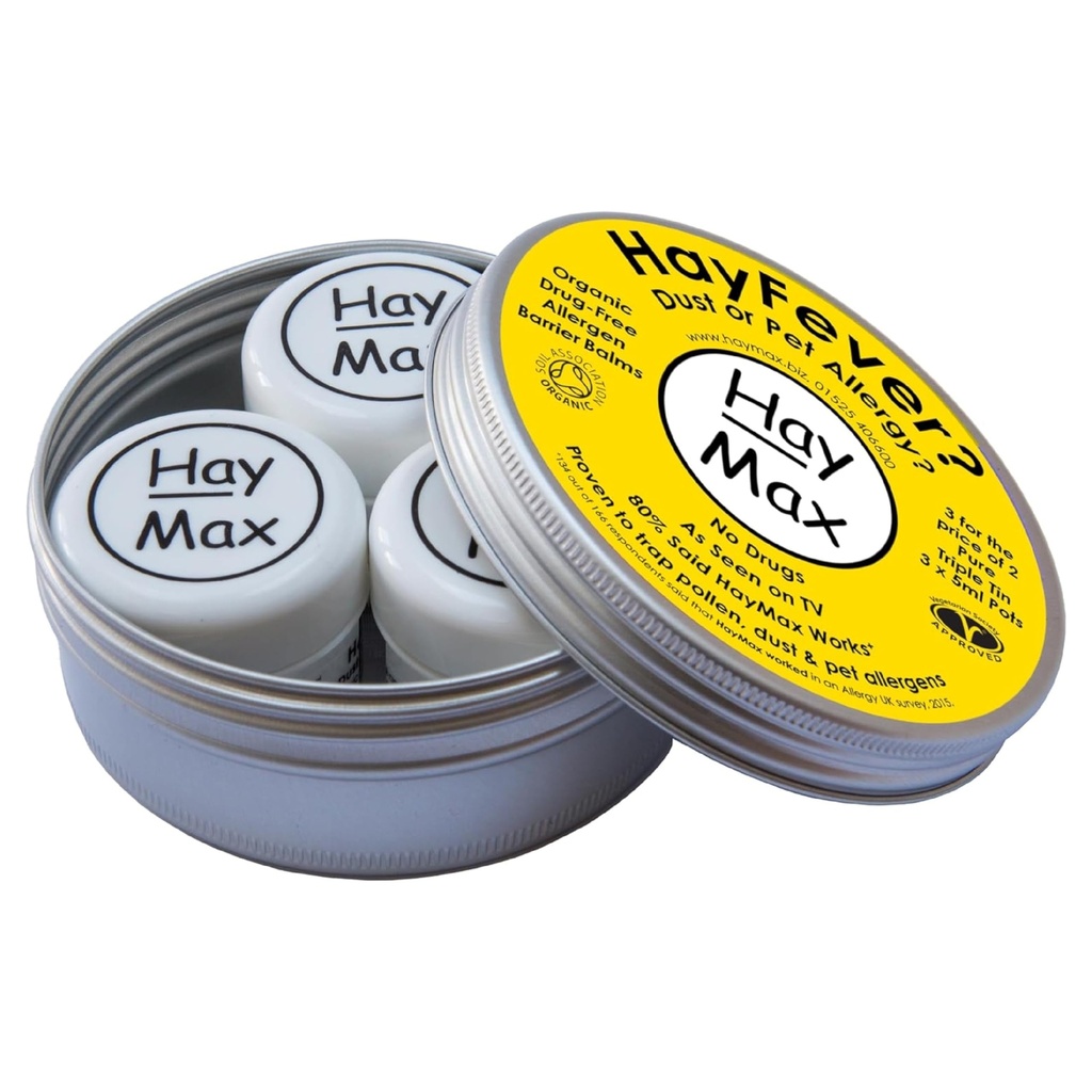 HayMax Allergen Barrier Balm Triple Tin Pure - 3 - Organik, Doğal ve Sigarasız Hay Ateş & Antilerji Balm - Tuzaklar, Dust & Diğer Allergen Parçacıkları - Nose & Eyes Hakkında Uygulama