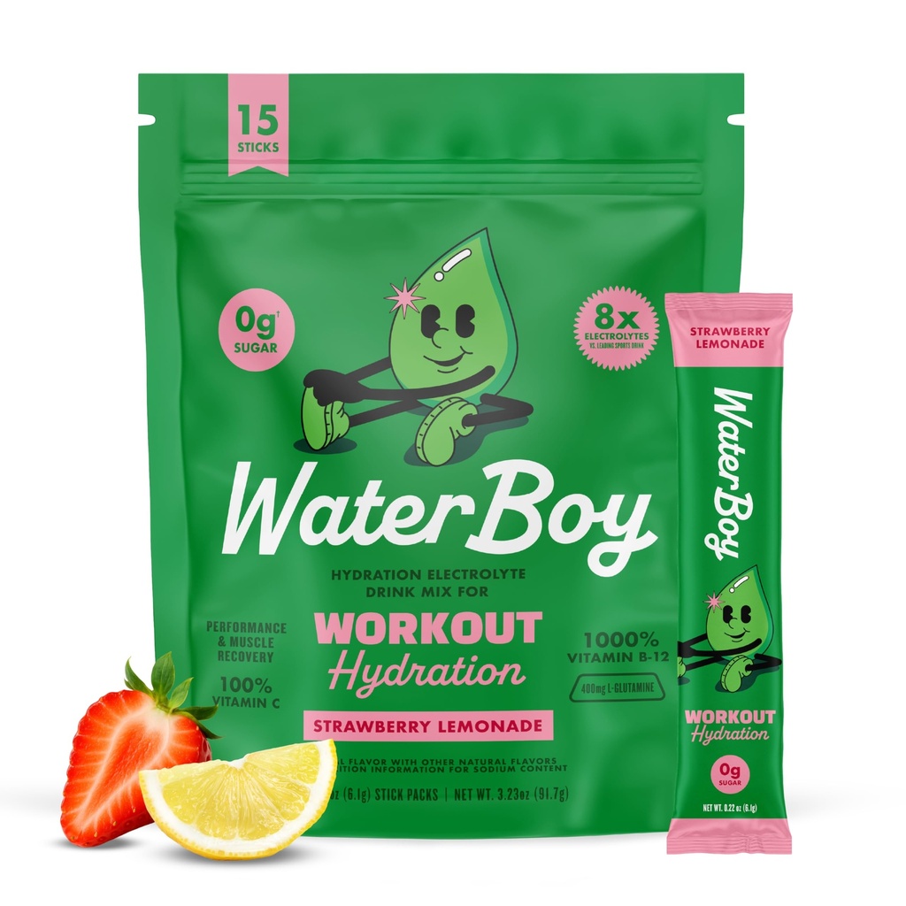 Waterboy Workout Hydration | 2,960mg Sugar Free Electrolyte Toz Paketleri | L-Glutamine + Vitaminler | No Sugar, All Natural, Gluten Free | 15 Iklim Mixes (Strawberry Lemonade)