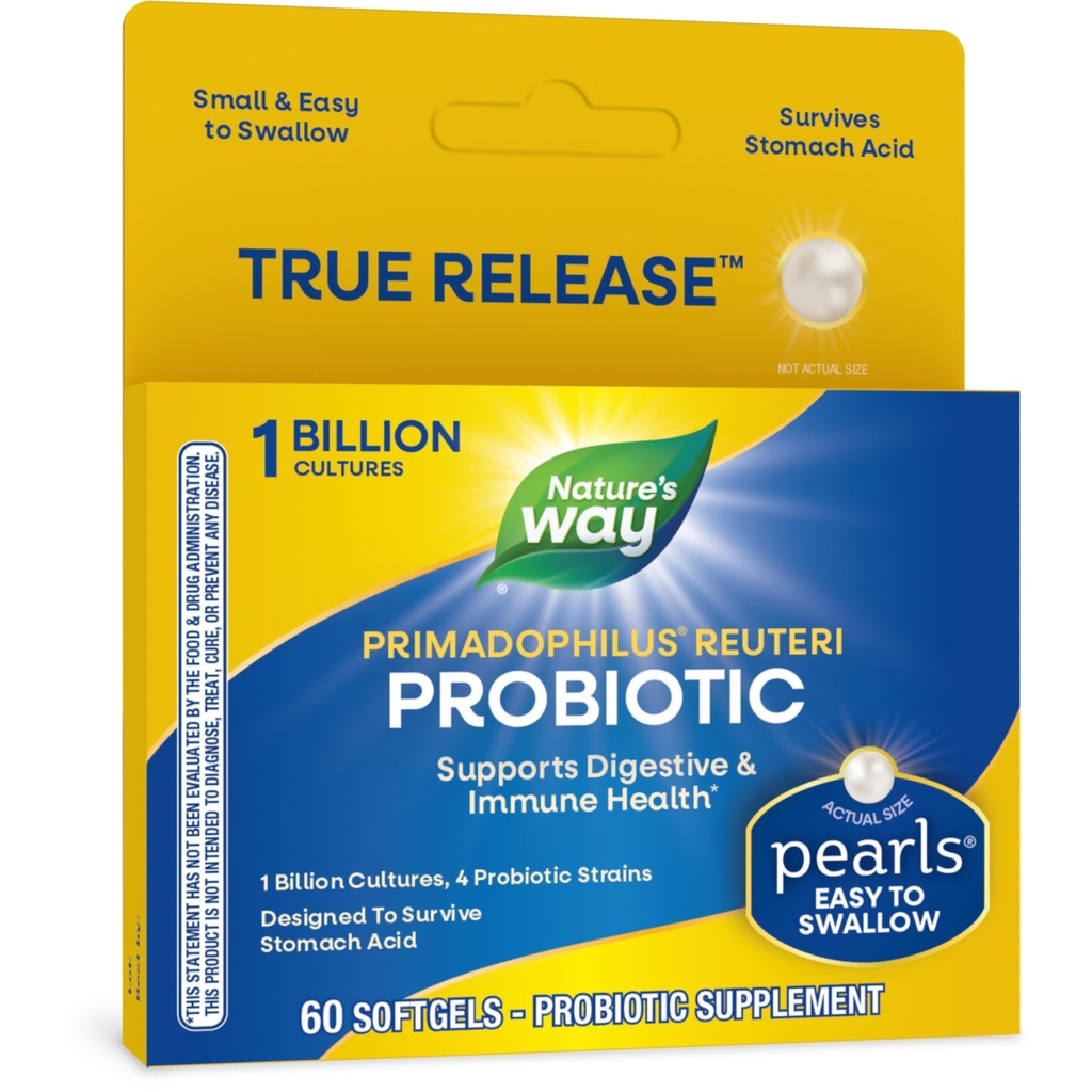 Nature's Way Primadofilius Reuteri Probiyotik Pearls for Men and Women, Digestive and Immune Health*, 1 Milyar Kültür, 4 Probiyotik Strains, Survives Stomach Acid, 60 Softgels