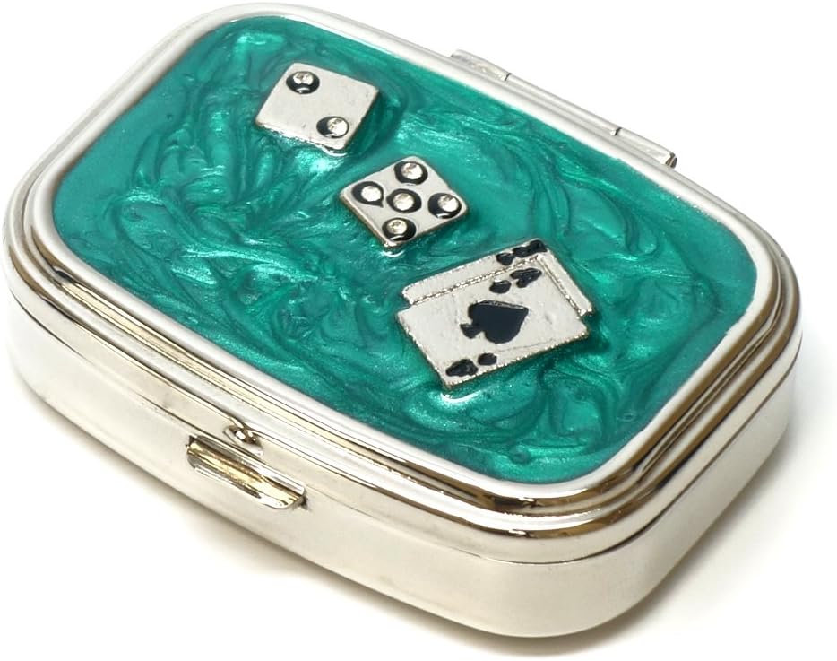 9338 Rectangular Küçük Pill Box Organizer Aqua Green Silver Poker & Dice Women Travel Pill Case Purse Pocket Konteyner Günlük Portatif Tıp Vitamini Kutu İlaçları Tamam Mini Depolama