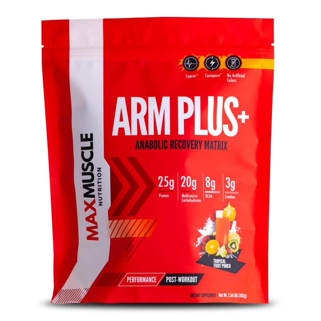 Max Muscle Arm Plus+ Erkek Kardeşliği | 25g Protein, 8g Bcaas, 3g Kretine Monohidrat | Whey Protein, Amino Asits, Antioksis, Glutamine, Elektrolytes (Tropical Punch, 2.54 lb)