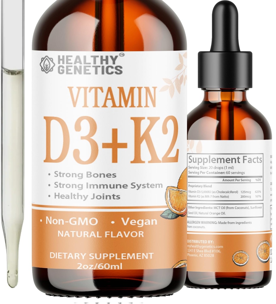 Sıvı D3 K2 Plus Vitamin K2 MK-7 | 5000IU Vitamin D Sıvı Merdivenler | Bones | Immune | Heart Health | Boost Energy 2oz