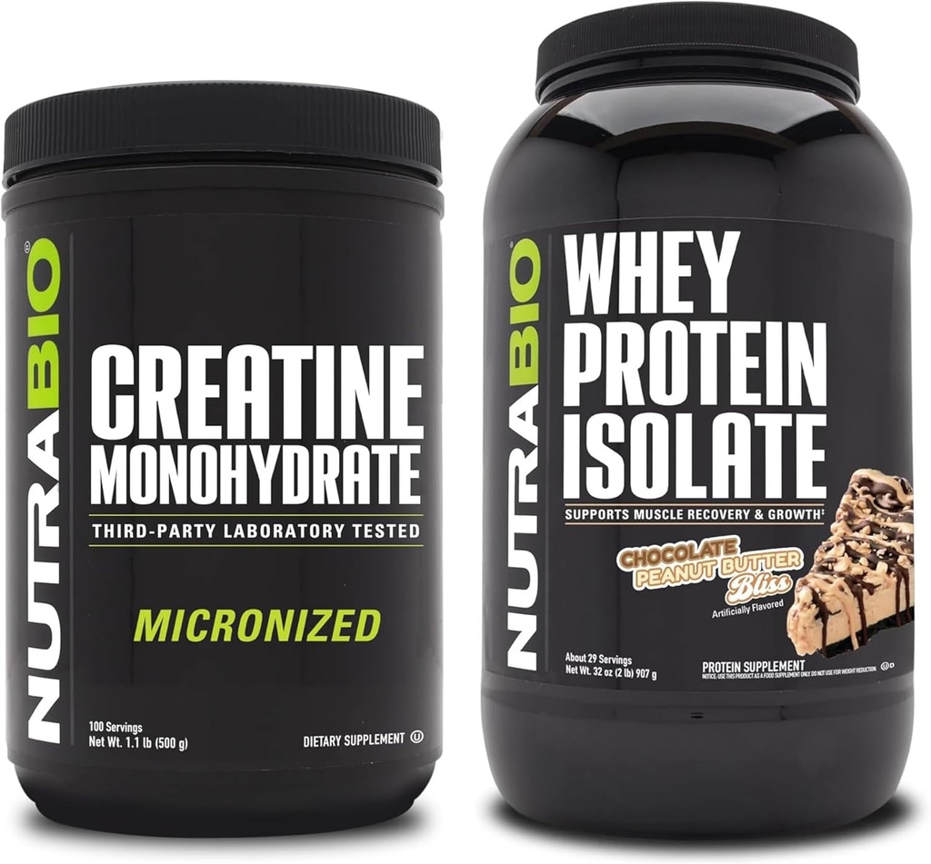 NutraBio Kretine Monohidrat, Unflavored, 500g ve Whey Protein Isolate, Chocolate Peanut Butter, Supplement Sche - Muscle Energy, Lean Muscle growth, Recovery, and Strength