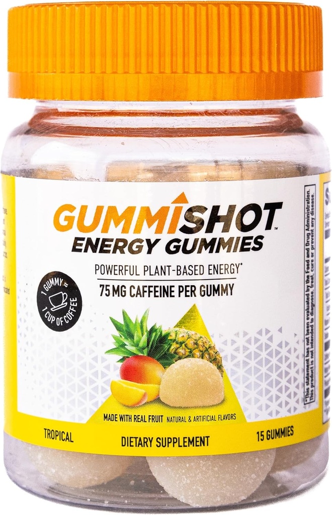GummiShot Energy Gummies, 1125 mg of Plant-Based Caffeine Chews per Şişe, Long Lasting Energy Bransons, Tropikal (15ct)