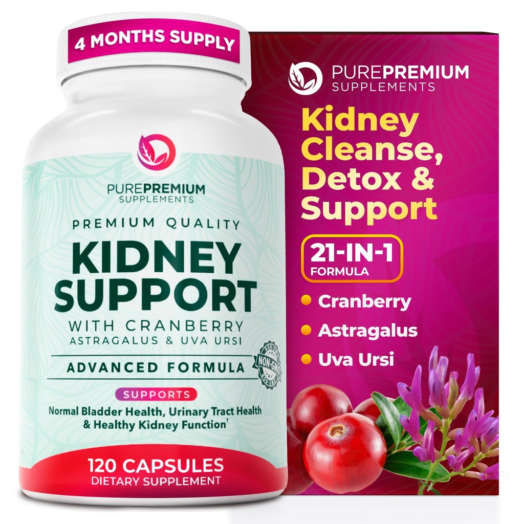 PurePremium Kidney Support Supplement – Kidney Cleanse Detox & Tamir with Cranberry Extract & Astragalus - 21-in-1 Kompleksi Normal Bladder, Urinary Tract & Kidneys Health - 120 Day Supply