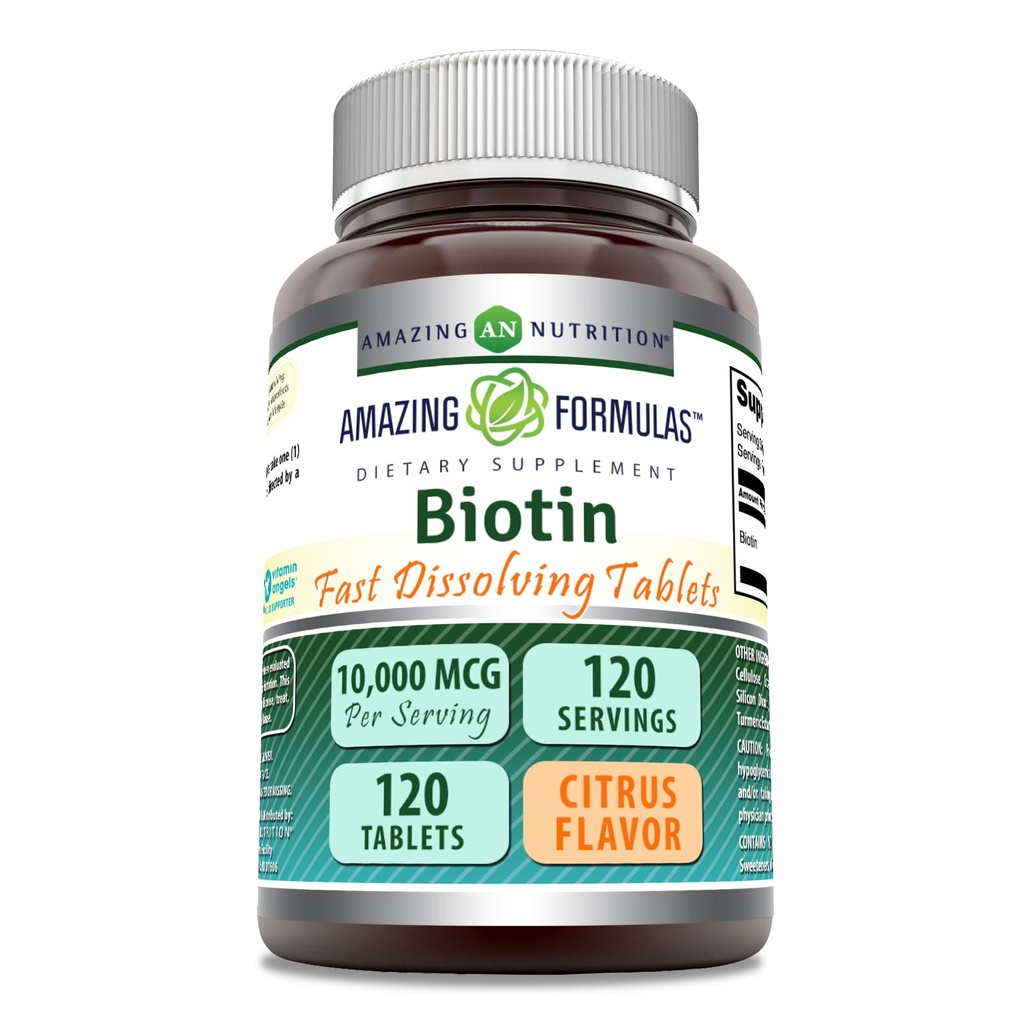 Amazing Formulas Biotin 10.000 mcg | Hızlı Dissolve Tabletler | No-GMO | Gluten Free Supplement | USA (Citrus | 120 Tablet)