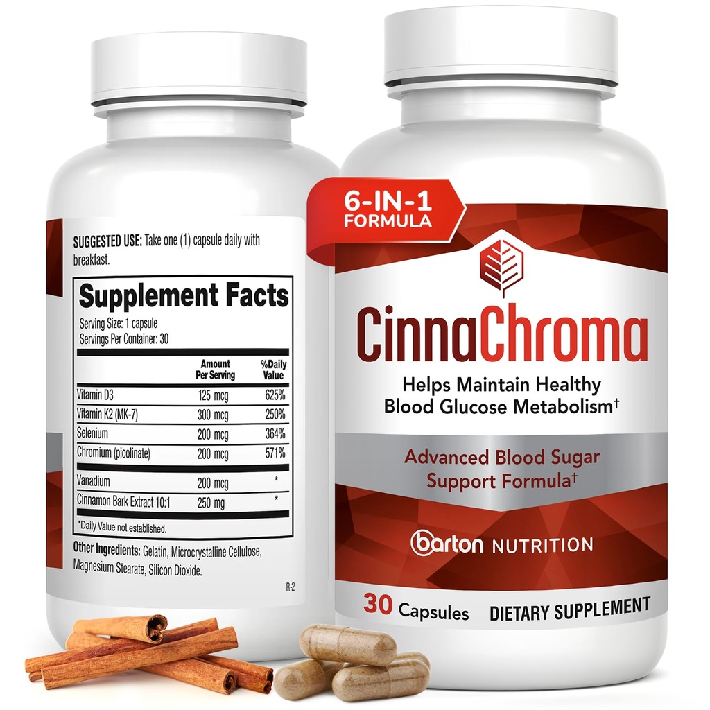 CinnaChroma Capsules - Cinnamon Supplements with 10:1 Extract, Chromium, Valvedium, Selenium, Vitamin D3 & K2 - Natural Sugar Blocker - 30 Capsules, 1 ay Supply