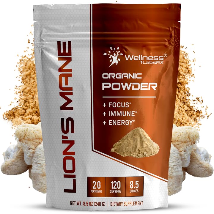 WELLNESS LABSRX Lions Mane Toz, Mushroom Supplement - 2000mg - Lions Mane Supplement - Lion's Mane Mushroom Toz Beyin Supplements for Memory and Focus, Immune Support and Health - 120 Servisler