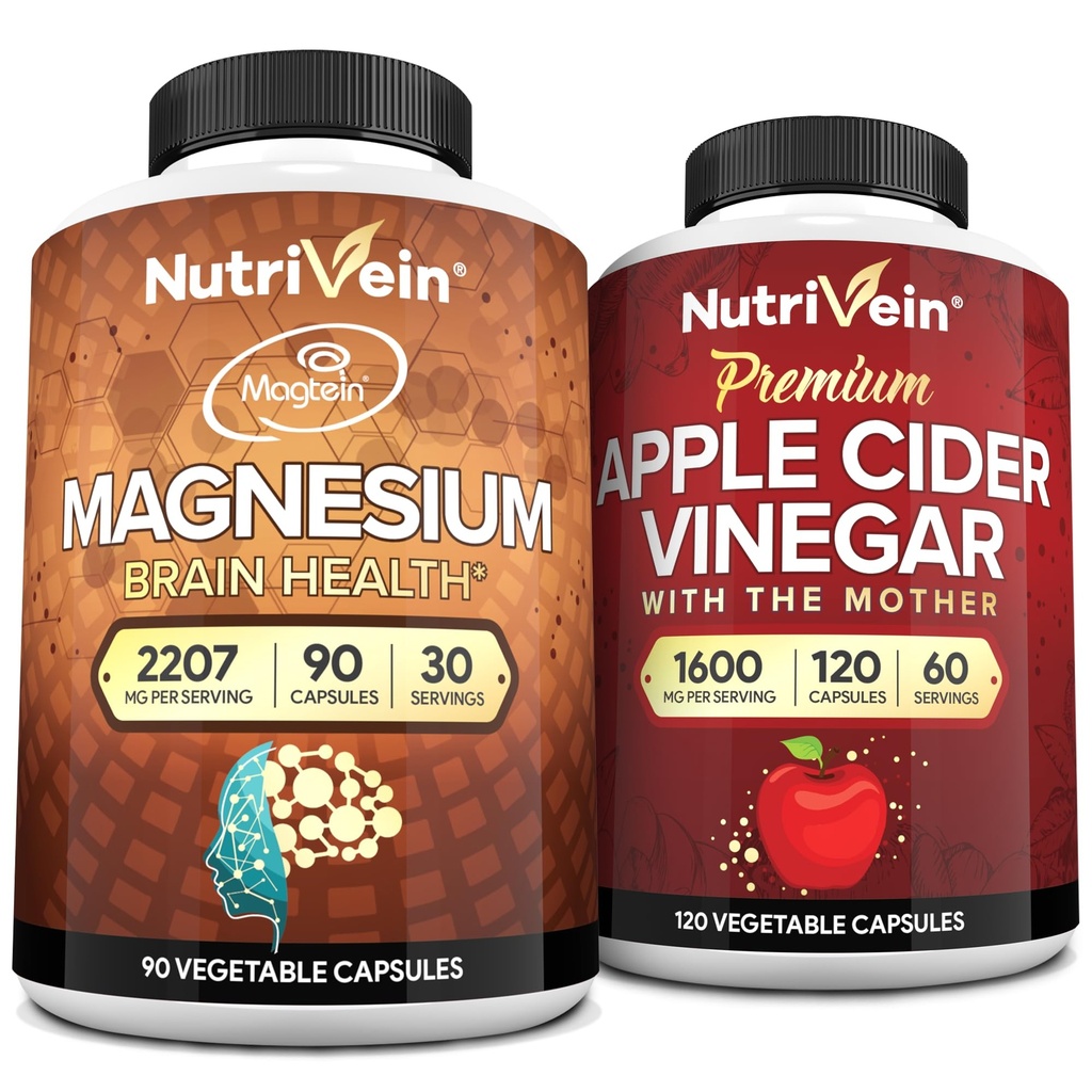 Nutrivein Premium Apple Cider Vinegar Capsules & Magnezyum L-Threonate Sche: Yüksek hacimli Magnezyum Threonate Supplement ve Apple Cider Vinegar Supplements for Brain, Gut, & General Well-Being