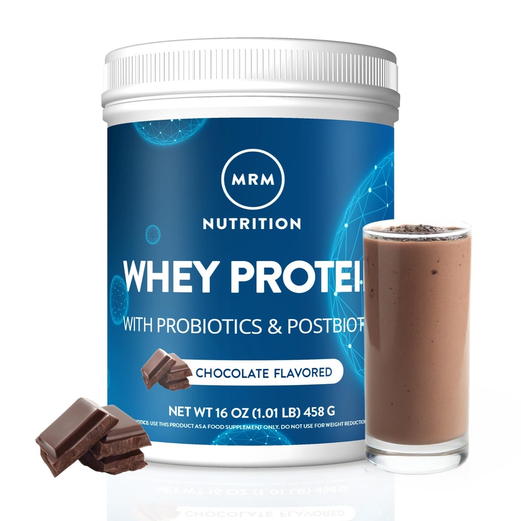 MRM Nutrition Whey Protein - Chocolate Flavored, Microfiltered Whey Protein Isolate & Concentrate, 16 Different Probiotic Strains, BCAAs, & Digestive Enzymes, Gluten Free, for Women & Men - 16 Servings