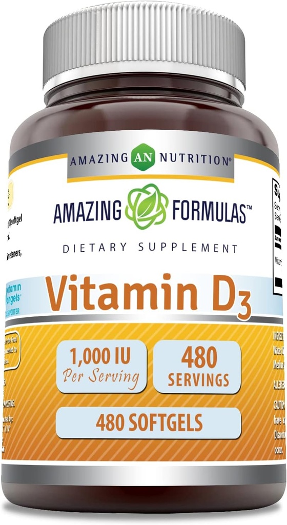 Amazing Formulas Vitamin D3 Supplement | 1000 IU | 480 Softgels | Non-GMO | Gluten Free | Made in USA