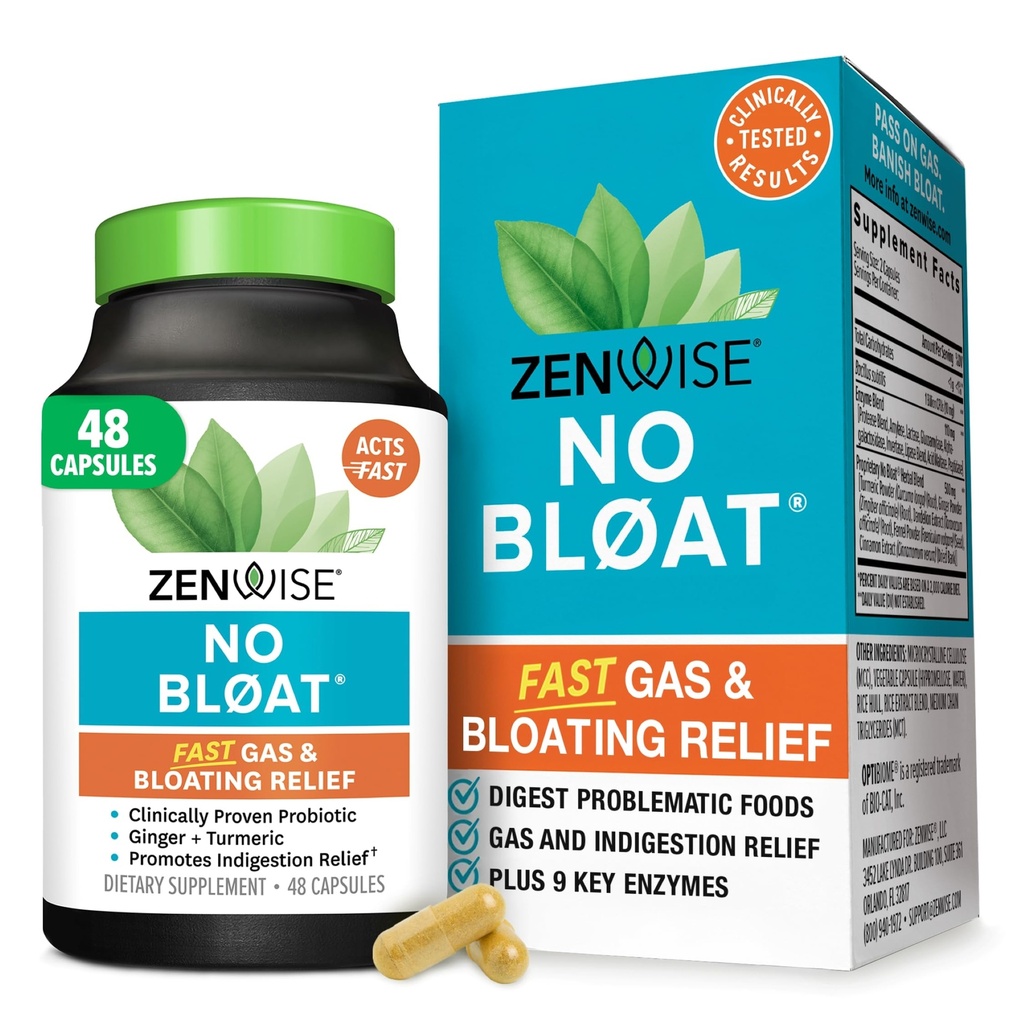 Zenwise Health No Bloat Digestive Enzymes for Gut Health, Gas & Bloating Relief - Multi Enzymes Digestion Supplement with Probiyotiks, Ginger, Turmeric Dandelion & Lactase - Men & Women - 48 Count
