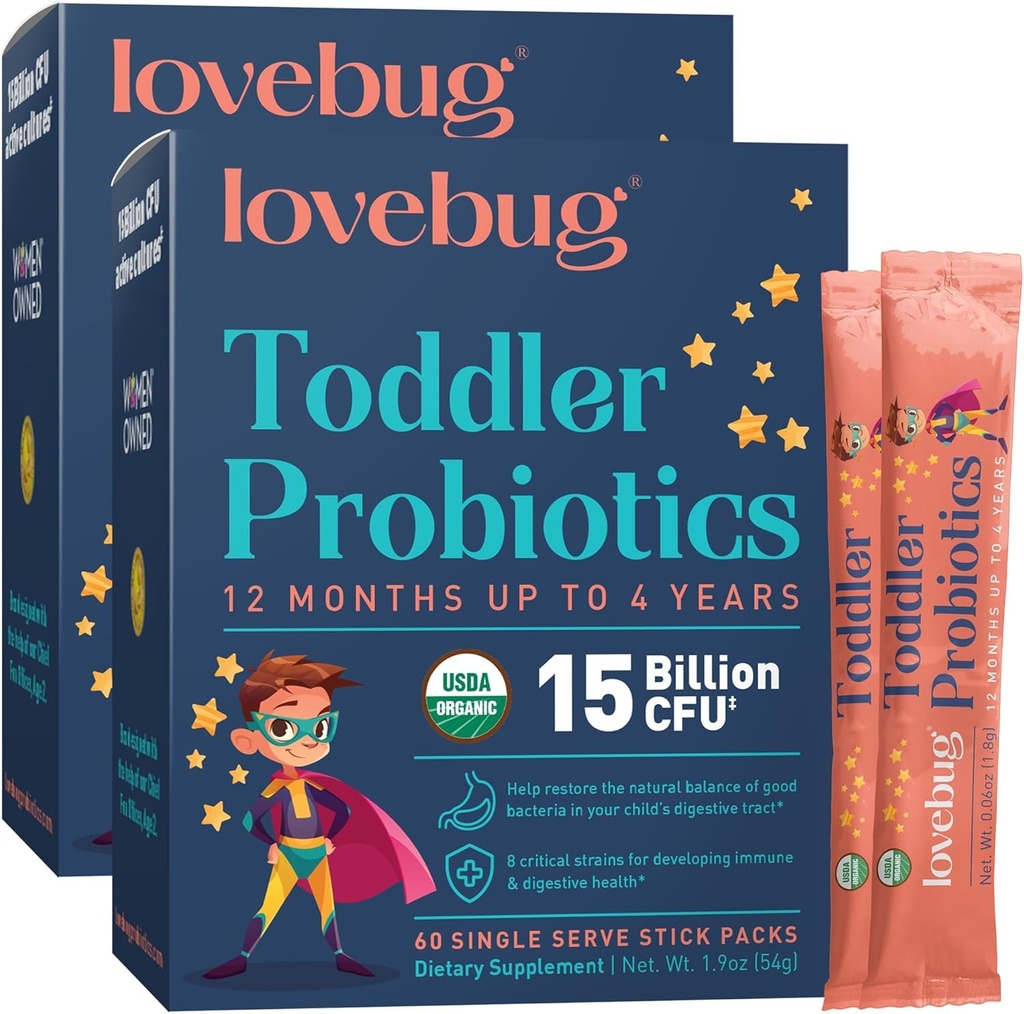 LOVEBUG Kids Probiyotik Toz Prebiyotik Fiber - Toddler Immunity Support & Constipation Relief - USDA Organic Probiyotiks for Childrens Gut & Digestive Health (Ages 1-4) - 60 Pack (Unflavoured)