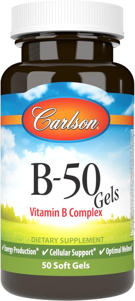 Carlson - B-50 Gels, Vitamin B Kompleksi, Enerji Üretimi, Hücre Destek & Optimal Wellness, 50 Softgels