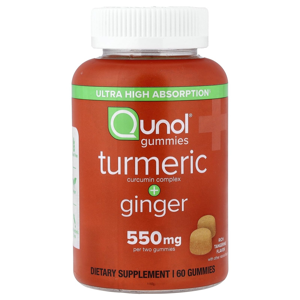 Qunol Turmeric ve Ginger Gummies, 500 mg Turmeric + 50 mg Ginger, Ortak Destek Tamam, Ultra High Abxia Tumeric ve Ginger, Vegan, Gluten Free, 1 Ay Supply 60ct Gummies