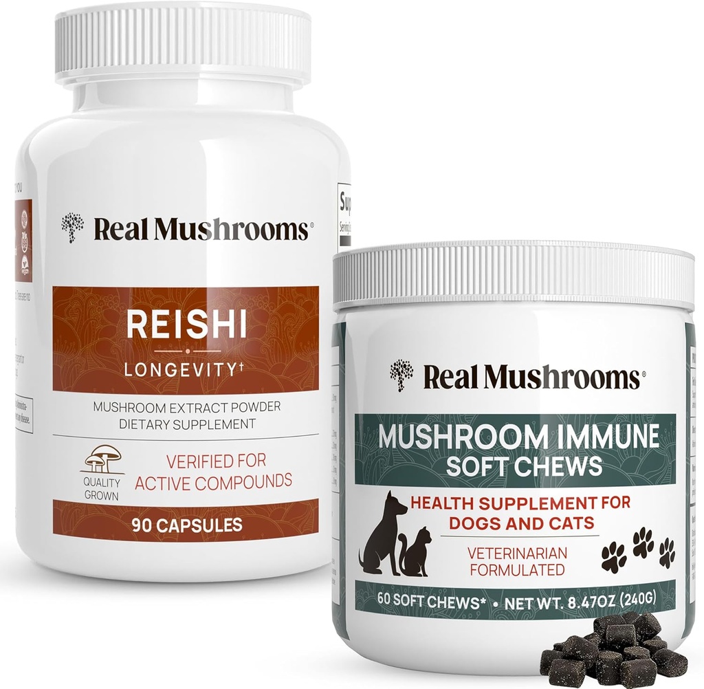Gerçek Mushrooms Reishi Capsules for Humans (90ct) & Mushroom Immune Pet Chews (60ct) - Uzun zamandır Rahatlama ve Immunity - Ashwagandha, Astragalus & More - Vegan, Non-GMO, Gluten-Free-Free-Free