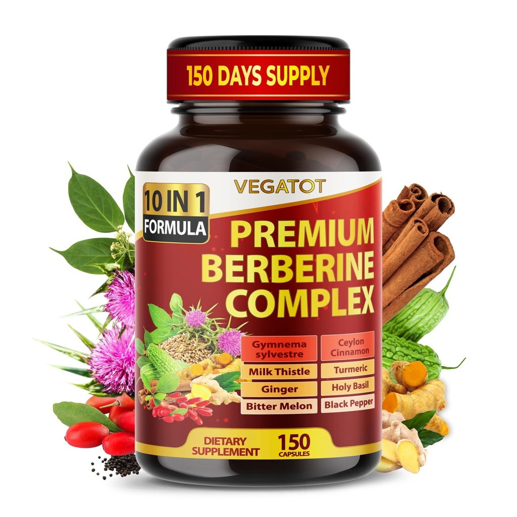 VEGATOT GlucoSavior Berberine Supplement with Ceylon Cinnamon, Bitter Melon, Gymnema - Supports Immune, Heart Health & Gastrointestinal Function - Made in the USA (150 Count)