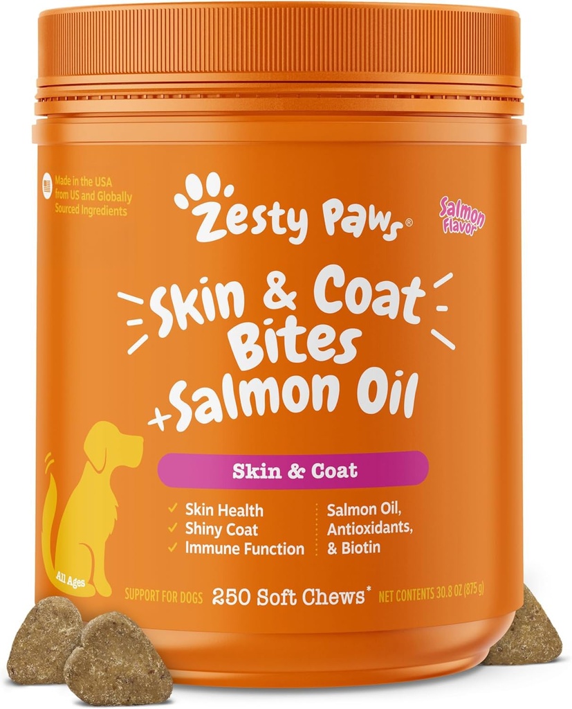 Köpekler için Zesty Paws Salmon Oil, Omega 3 Fish Oil Chews, Dog Antiute Chews, Itch Relief Supplement, 250 Count, Salmon Flavor