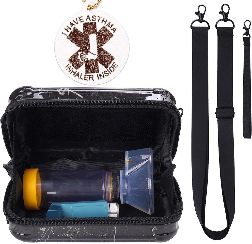 MGZNMTY Travel Carrying Case for Asthma Inhaler, Inhaler Spacer for Kids and Adults, Masks, Holder Bag with Shoulder Crossbody Rope and Mesh Pocket for Medicine (Only Case) (Black Marble)