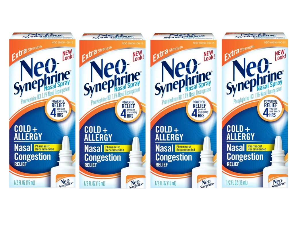Neo-Synephrine Extra Strength Nasal Spray 15 mL – Phenylephrine 1% Fast Acting Nasal Decongestant for Cold and Allergy Relief (Pack of 4)