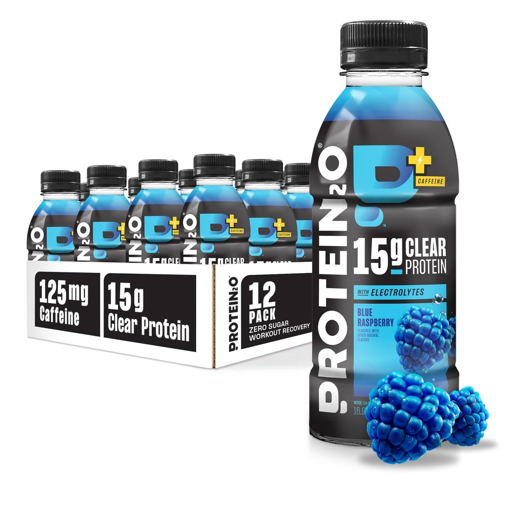Protein2o 15g Whey Protein Isolate Hydration Drink Plus Energy & Focus, 350 mg of Electrolytes, 125 mg of Caffeine, Sugar Free, Blue Raspberry, 16.9 oz Şişe (12 paketi)