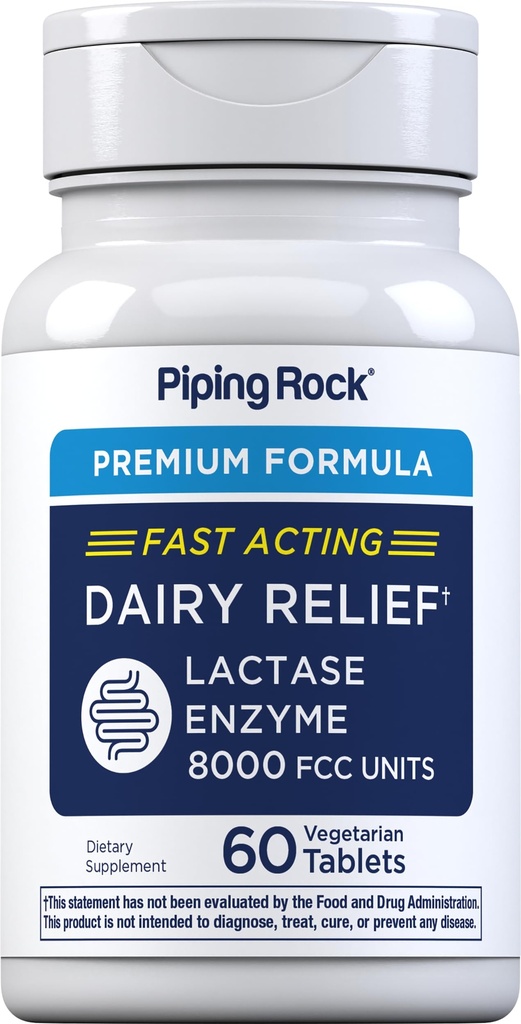 Piping Rock Dairy Relief Pills 8000COM | Hızlı Tabletler | 60 Kont | Lactase Enzyme Supplement | Premium Formula | Vegetarian, Non-GMO, Gluten Free